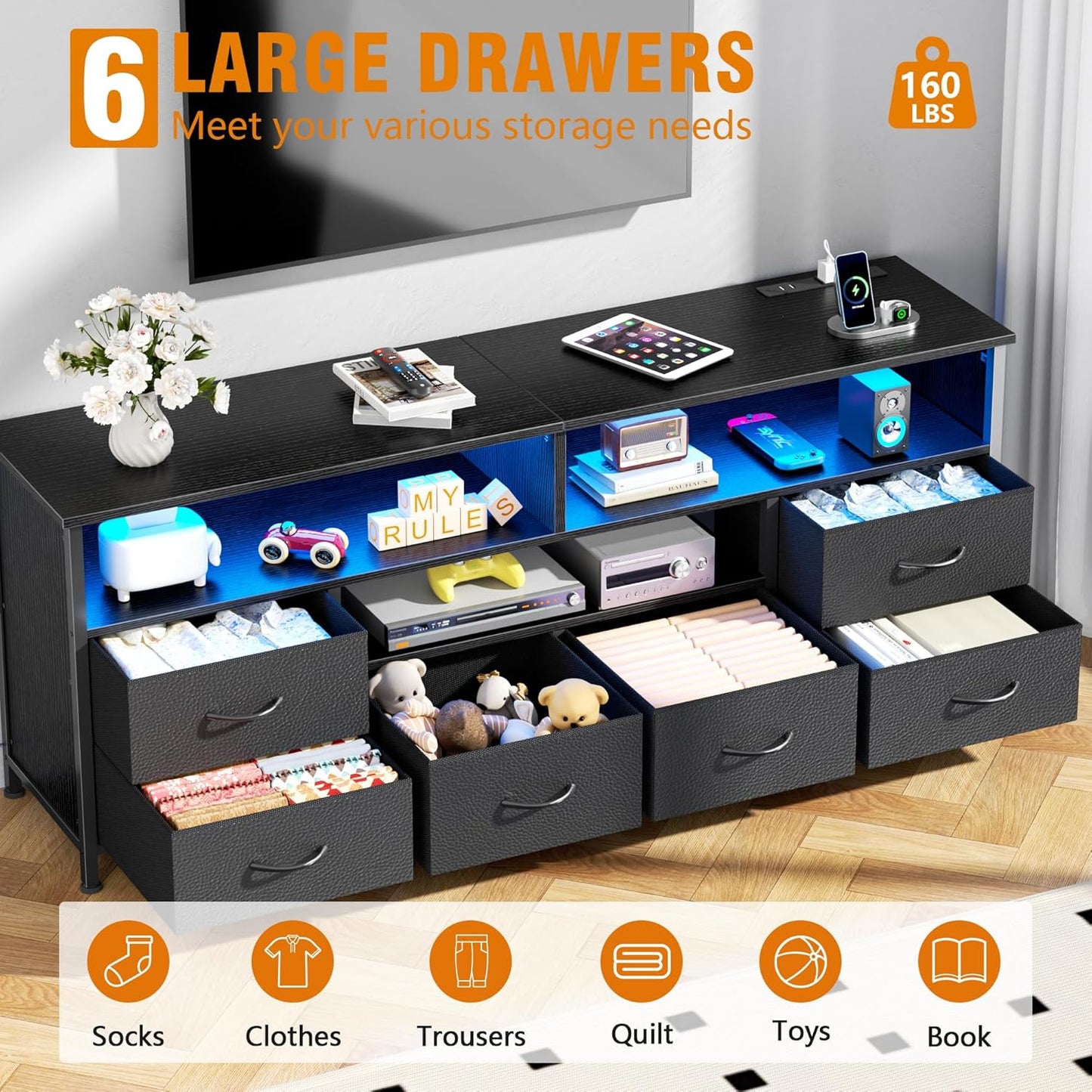 Furologee 55" Dresser TV Stand with LED & Charging Station – Media Console Table with 6 Drawers for Bedroom or Living Room