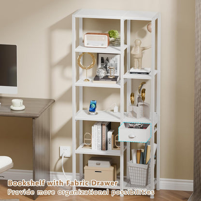 Furologee 6-Tier Bookshelf with Drawer & Charging Station – Tall Open Bookcase for Living Room, Bedroom, Home Office,