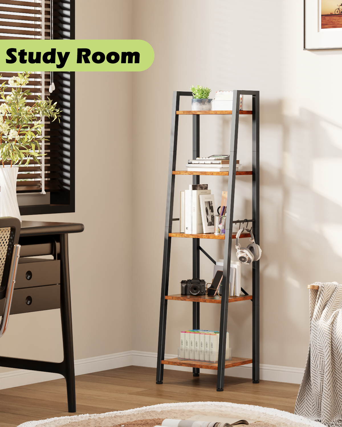 Furologee Ladder Bookshelf, Tall Narrow Metal & Wood Bookcase with Hooks, Rustic Brown Leaning Shelf for Living Room, Bedroom, Bathroom, Kitchen