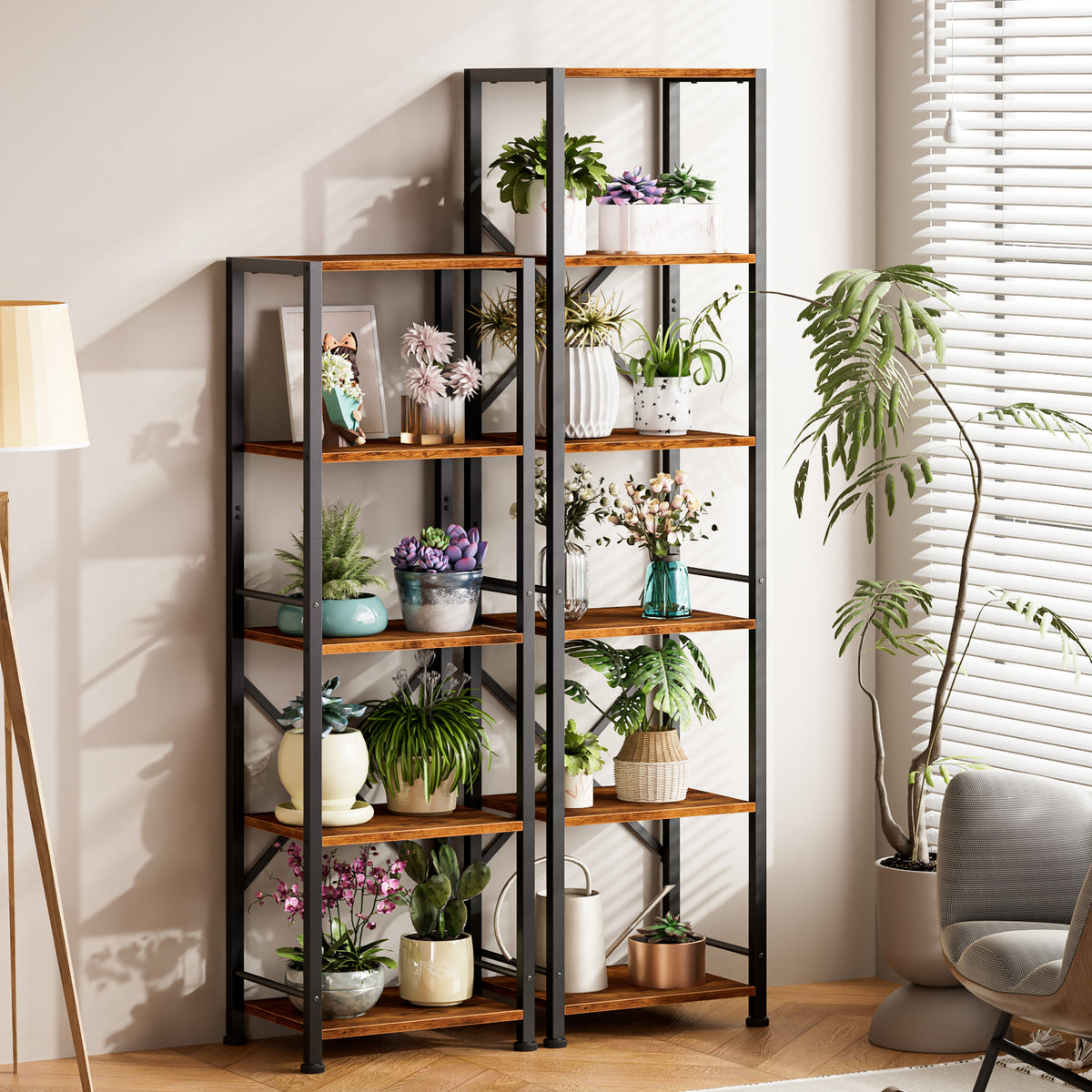 Furologee 6 Tier Bookshelf, Tall Narrow Bookcase, Rustic Brown 59.6'' Tall Industrial Display Shelf, Freestanding Units for Bedroom, Living Room, Office, Bathroom, Holds 30lbs per tier