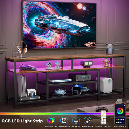 Furologee TV Stand with Power Outlets and LED Lights, 63 Inch Entertainment Center for 60 65 70 Inch TVs, Media Console Table with Open Shelves, for Bedroom, Living Room, Rustic Brown