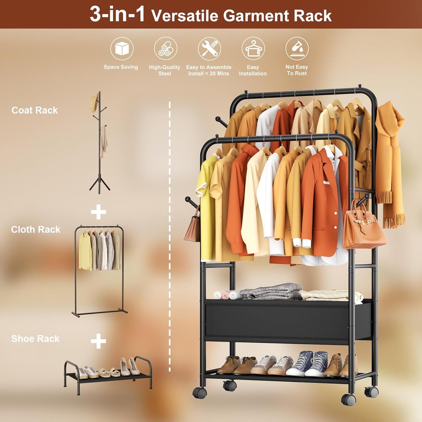 Furologee Double Rod Clothing Rack with Wheels – Portable Rolling Garment Rack for Bedroom, Laundry & Living Room
