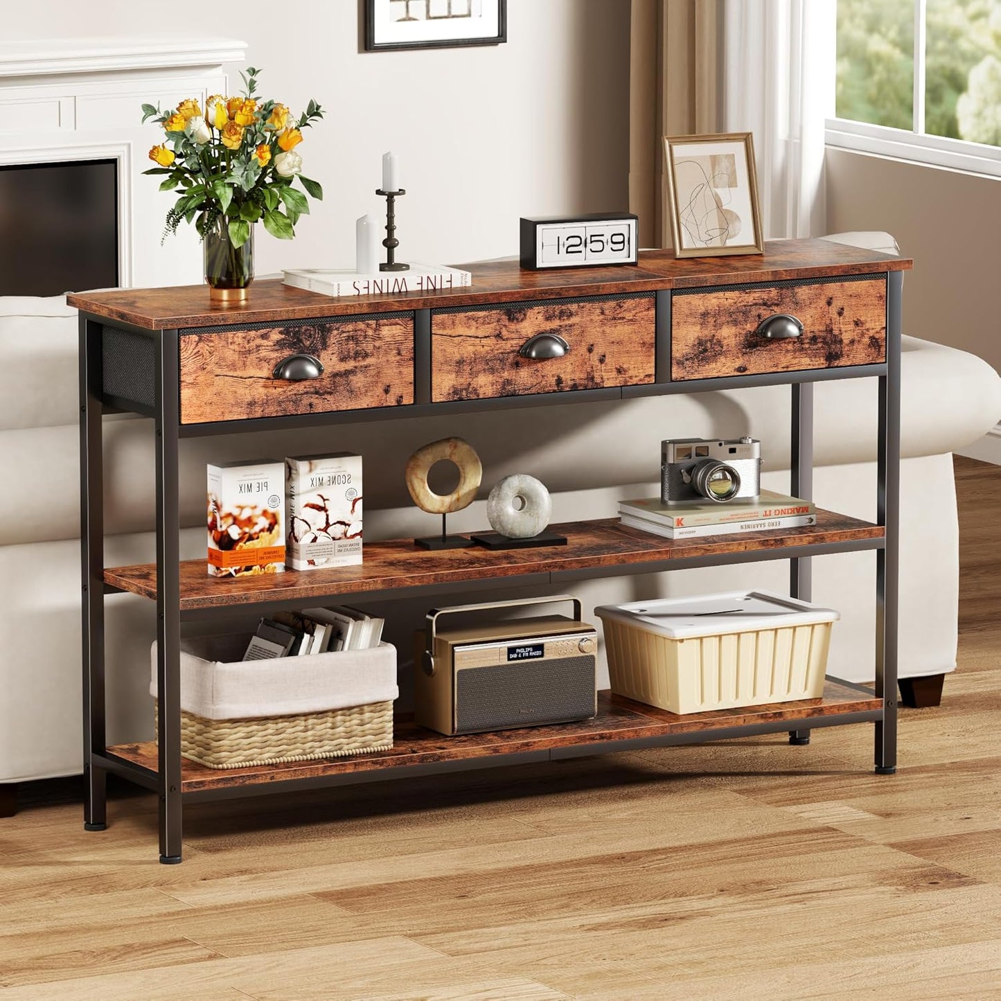 Furologee 47” Entryway Console Table with Drawers & Storage Shelves, Industrial Sofa Table for Hallway or Living Room