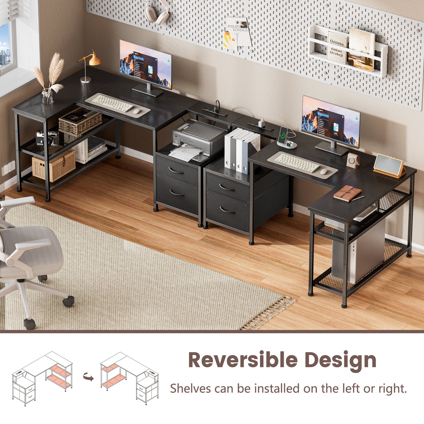 Furologee 49 Inch L Shaped Computer Desk with Power Outlets, Home Office Desk with Fabric Drawer & File Cabinet, Reversible Corner Gaming Desk with Printer Stand, for Working, Studying, Gaming, Black