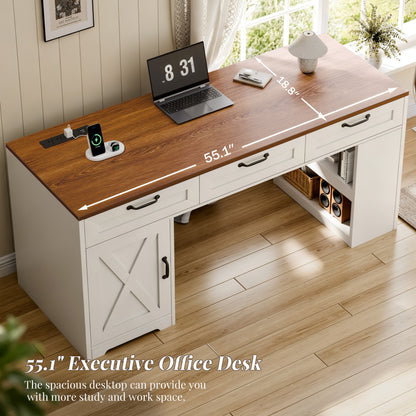 Furologee 55" Farmhouse Desk with Charging Station & Drawers, Walnut White
Executive Computer Desk with 3 Wooden Drawers, Storage Cabinet and Open Storage Shelf, Large Workstation for Home Office£¬Work, Study