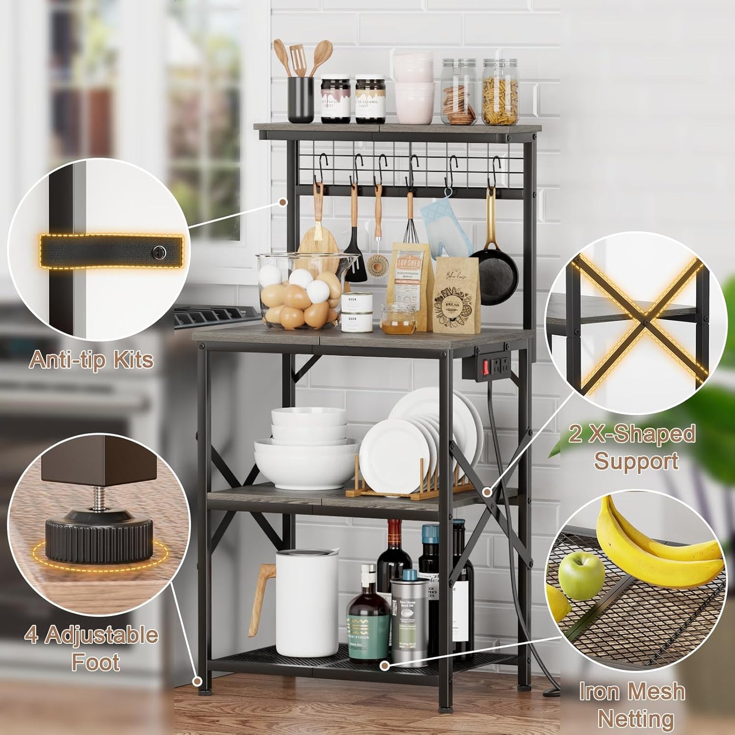 Furologee 4-Tier Kitchen Bakers Rack with Power Outlet, Microwave Stand & Coffee Bar with Hooks and Storage Shelves, Black Oak