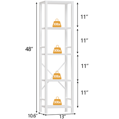 Furologee 5-Tier White Bookshelf – Tall Narrow Freestanding Shelf for Bedroom, Living Room, Office, Bathroom