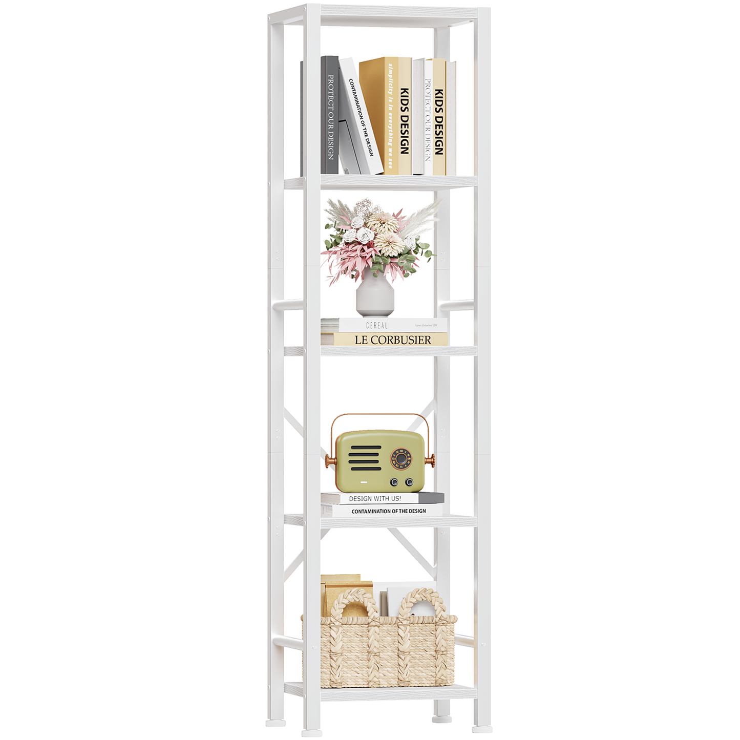 Furologee 5-Tier White Bookshelf – Tall Narrow Freestanding Shelf for Bedroom, Living Room, Office, Bathroom