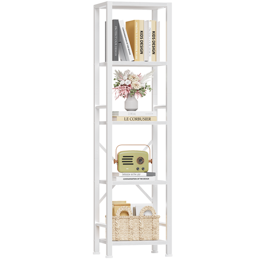 Furologee 5-Tier White Bookshelf – Tall Narrow Freestanding Shelf for Bedroom, Living Room, Office, Bathroom