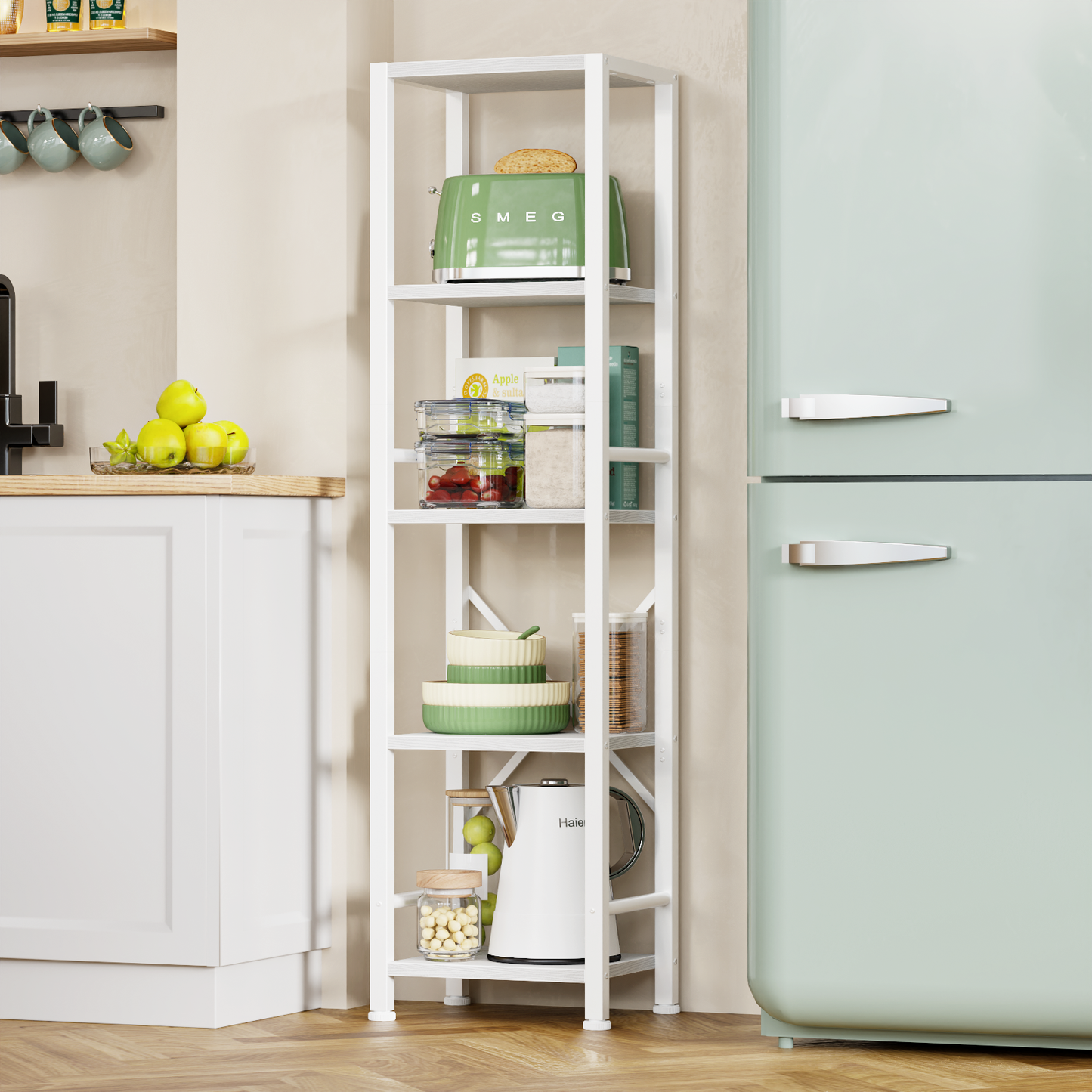 Furologee 5-Tier White Bookshelf – Tall Narrow Freestanding Shelf for Bedroom, Living Room, Office, Bathroom