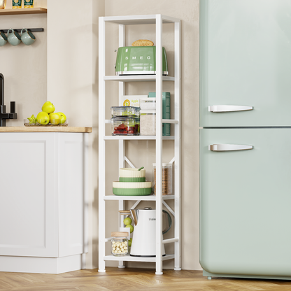 Furologee 5-Tier White Bookshelf – Tall Narrow Freestanding Shelf for Bedroom, Living Room, Office, Bathroom