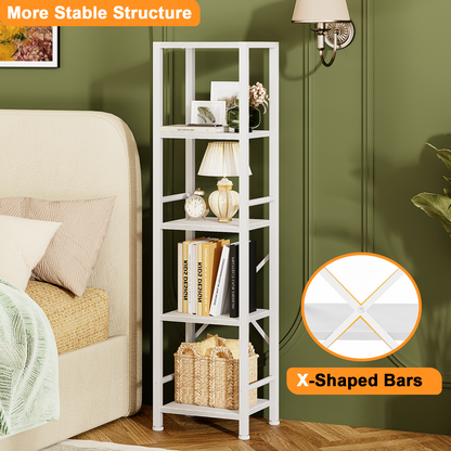 Furologee 5-Tier White Bookshelf – Tall Narrow Freestanding Shelf for Bedroom, Living Room, Office, Bathroom
