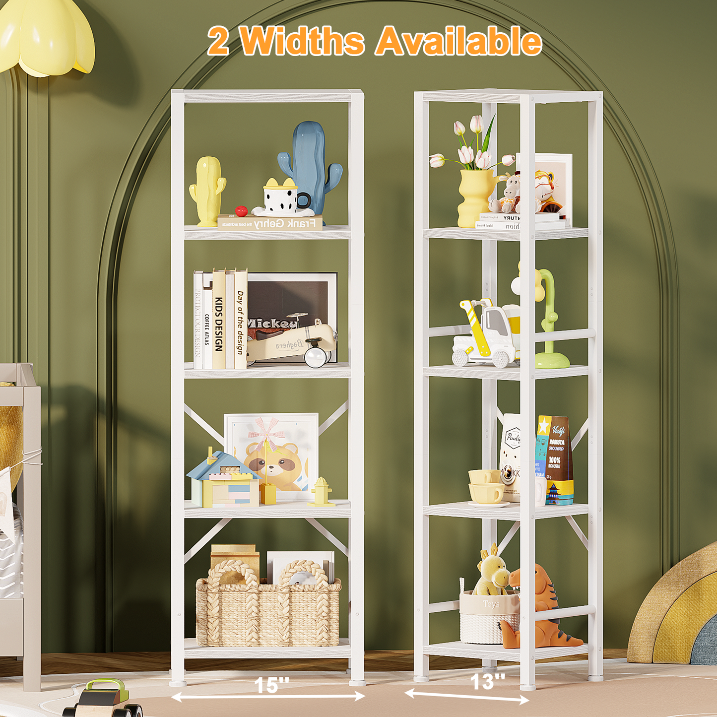 Furologee 5-Tier White Bookshelf – Tall Narrow Freestanding Shelf for Bedroom, Living Room, Office, Bathroom