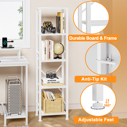 Furologee 5-Tier White Bookshelf – Tall Narrow Freestanding Shelf for Bedroom, Living Room, Office, Bathroom