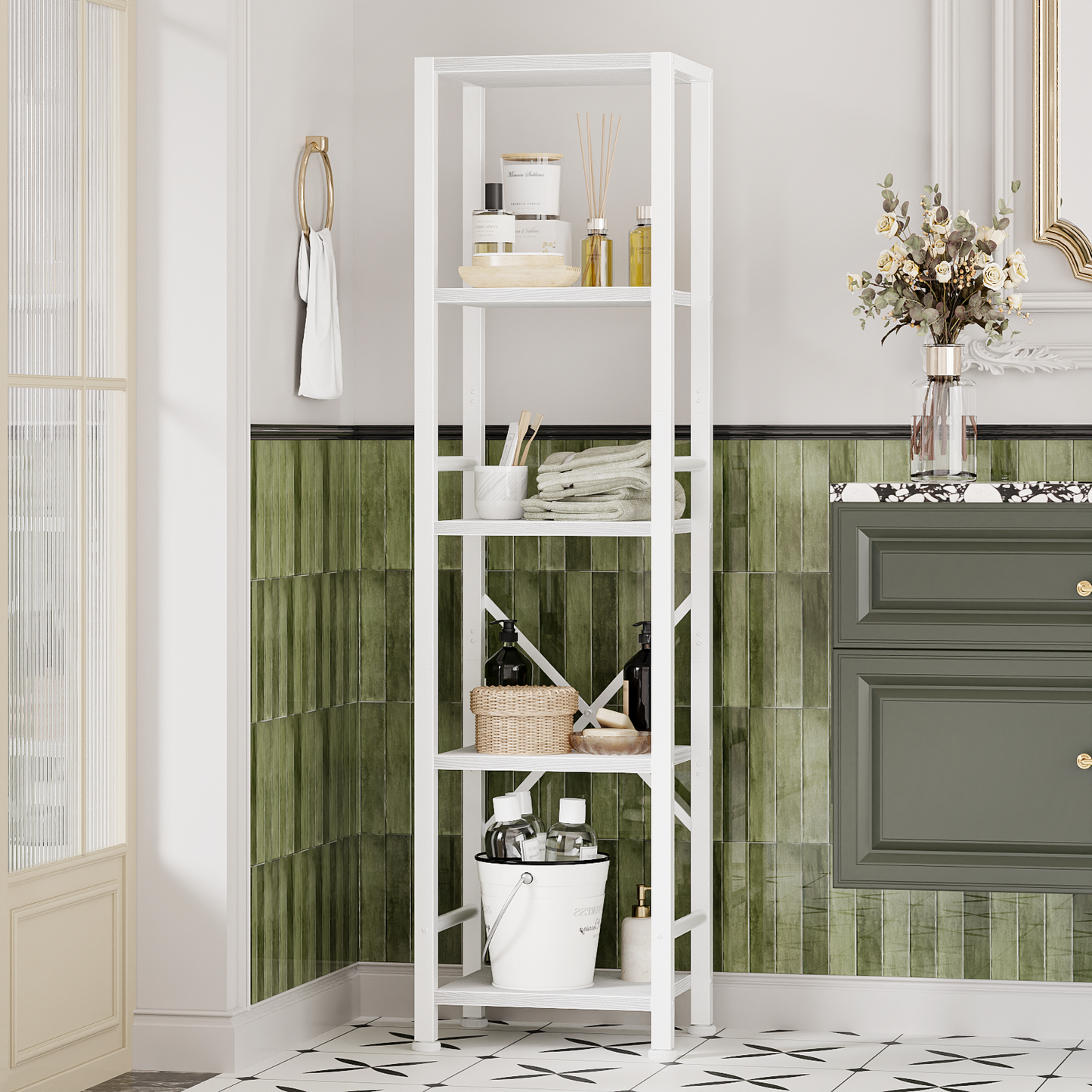 Furologee 5-Tier White Bookshelf – Tall Narrow Freestanding Shelf for Bedroom, Living Room, Office, Bathroom