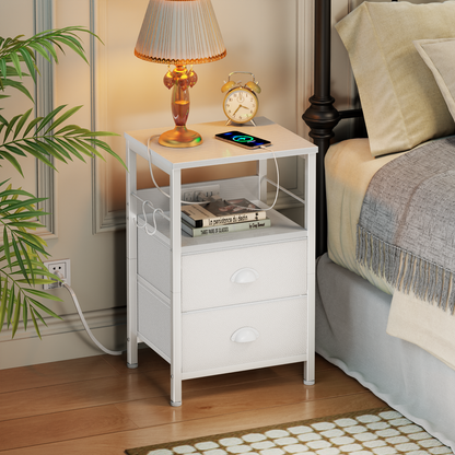 Furologee Night Stand with Charging Station, 2 Fabric Drawers, White
Night Stand with USB & Outlets, Side Table with Storage & Hooks, Industrial End Table for Living Room/Bedroom