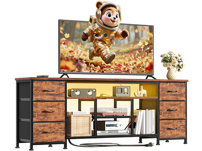Furologee LED TV Stand for 65, 70 Inch TV, 63 Inch Entertainment Center with Power Outlets, 6 Fabric Drawers Dresser for Bedroom, Media Console with Open Shelves, PU Leather Surface, Rustic Brown