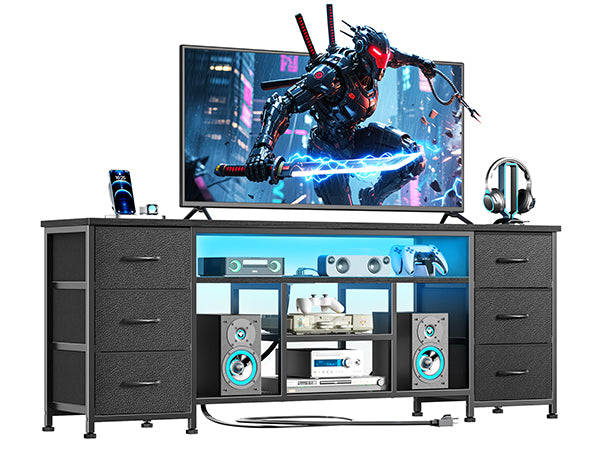 Furologee LED TV Stand for 65, 70 Inch TV, 63 Inch Entertainment Center with Power Outlets, 6 Fabric Drawers Dresser for Bedroom, Media Console with Open Shelves, PU Leather Surface, Black