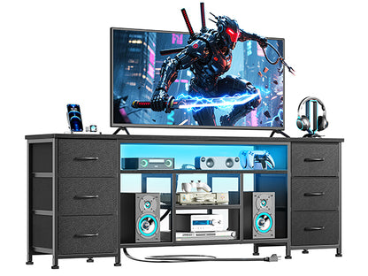 Furologee LED TV Stand for 65, 70 Inch TV, 63 Inch Entertainment Center with Power Outlets, 6 Fabric Drawers Dresser for Bedroom, Media Console with Open Shelves, PU Leather Surface, Black