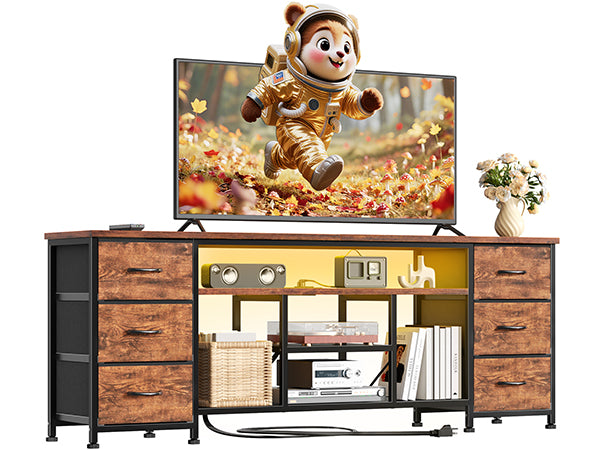 Furologee LED TV Stand for 65, 70 Inch TV, 63 Inch Entertainment Center with Power Outlets, 6 Fabric Drawers Dresser for Bedroom, Media Console with Open Shelves, PU Leather Surface, Rustic Brown