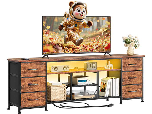 Furologee LED TV Stand for 65, 70, 80 Inch TV, 71 Inch Entertainment Center with Power Outlets, 6 Fabric Drawers Dresser for Bedroom, Media Console with Open Shelves, PU Leather Surface, Black
