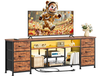 Furologee LED TV Stand for 65, 70, 80 Inch TV, 71 Inch Entertainment Center with Power Outlets, 6 Fabric Drawers Dresser for Bedroom, Media Console with Open Shelves, PU Leather Surface, Black