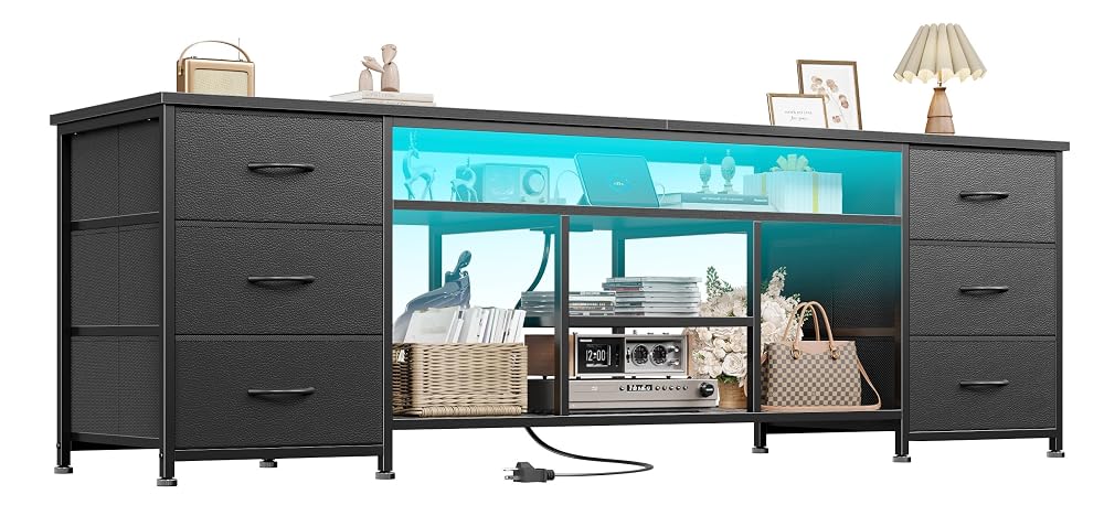 Furologee 71 Dresser TV Stand with LED Lights & Charging Station Black Chest of Drawers with 6 Fabric Drawers for 70 75 80 inch TVs Open Storage Shelves TV Stand for Bedroom Living Room