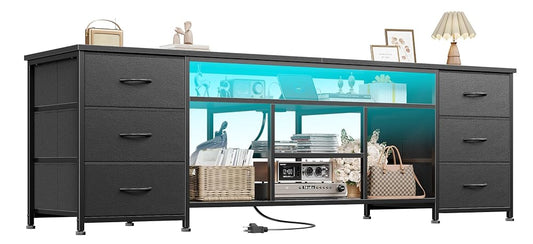Furologee 71 Dresser TV Stand with LED Lights & Charging Station Black Chest of Drawers with 6 Fabric Drawers for 70 75 80 inch TVs Open Storage Shelves TV Stand for Bedroom Living Room