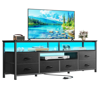 Furologee 63 Inch TV Stand with 6 Drawers, Entertainment Center with Power Outlets and LED Lights, for 65/70 inch TVs, Media Console Table with Open Storage Shelves, for Living Room, Bedroom, Black