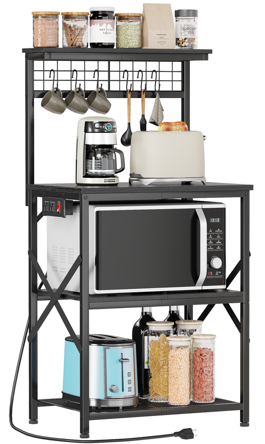 Furologee 4-Tier Kitchen Bakers Rack with Power Outlet, Microwave Stand & Coffee Bar with Hooks and Storage Shelves, Black