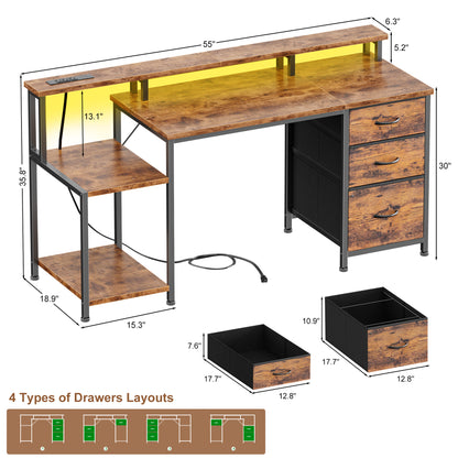Furologee 55" Gaming Desk with LED Lights & Power Outlets, Reversible Office Desk with Monitor Stand for Work Study, Desk for Home Office Dorm, Storage Drawers and Cabinet, Rustic Brown