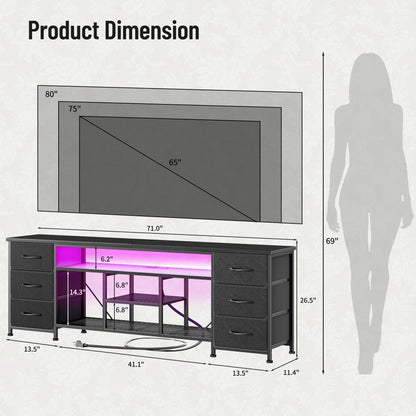 Furologee LED TV Stand for 65, 70, 80 Inch TV, 71 Inch Entertainment Center with Power Outlets, 6 Fabric Drawers Dresser for Bedroom, Media Console with Open Shelves, PU Leather Surface, Rustic Brown
