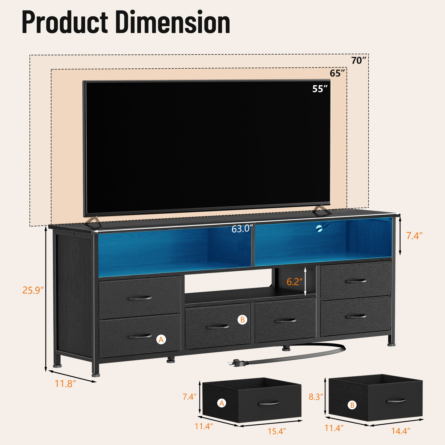 Furologee 63 Inch Entertainment Center Dresser for Bedroom, TV Stand for 65 70 Inch TVs, 6 Drawers Dresser with Power Outlets and LED Lights, Media Console with PU Leather Surface for Living Room