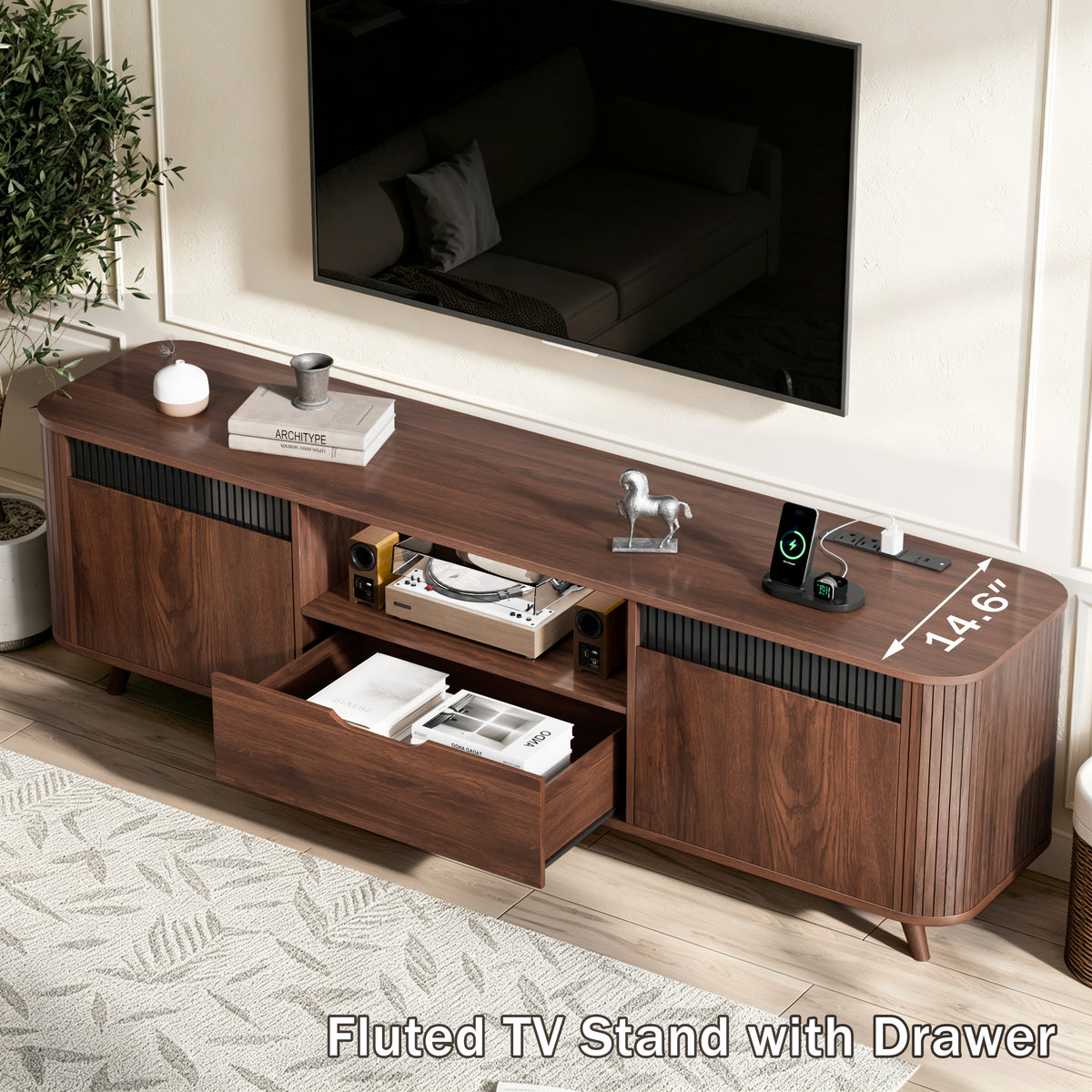 Furologee 63'' TV Stand for 65'' TV, Entertainment Center with Power Outlet

Mid Century Media TV Console Table with Storage, 2 Cabinets, 1 Drawer and Open Shelves for Living Room, Cable Holes, Walnut