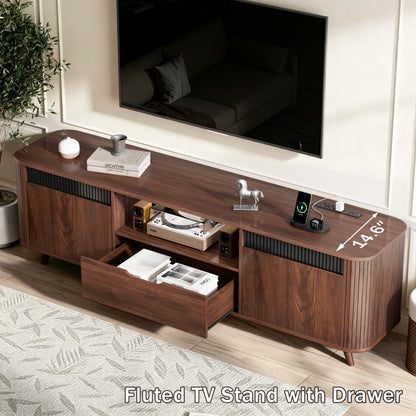 Furologee 63'' TV Stand for 65'' TV, Entertainment Center with Power Outlet

Mid Century Media TV Console Table with Storage, 2 Cabinets, 1 Drawer and Open Shelves for Living Room, Cable Holes, Walnut