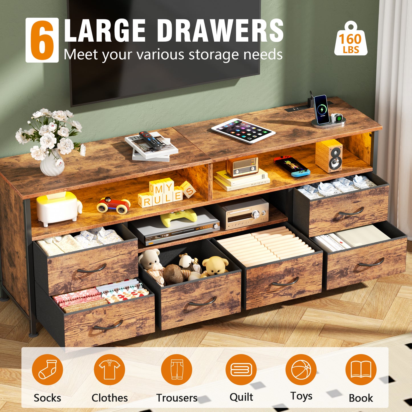 55" LED TV Stand for Bedroom with Power Outlets, Entertainment Center with 6 Fabric Drawers for 50/55/60 inch TVs, Dresser TV Stand Long Console Media Table for Living Room, Rustic Brown