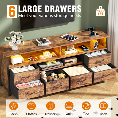 55" LED TV Stand for Bedroom with Power Outlets, Entertainment Center with 6 Fabric Drawers for 50/55/60 inch TVs, Dresser TV Stand Long Console Media Table for Living Room, Rustic Brown