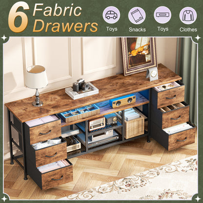 Furologee LED TV Stand for 65, 70 Inch TV, 63 Inch Entertainment Center with Power Outlets, 6 Fabric Drawers Dresser for Bedroom, Media Console with Open Shelves, PU Leather Surface, Rustic Brown