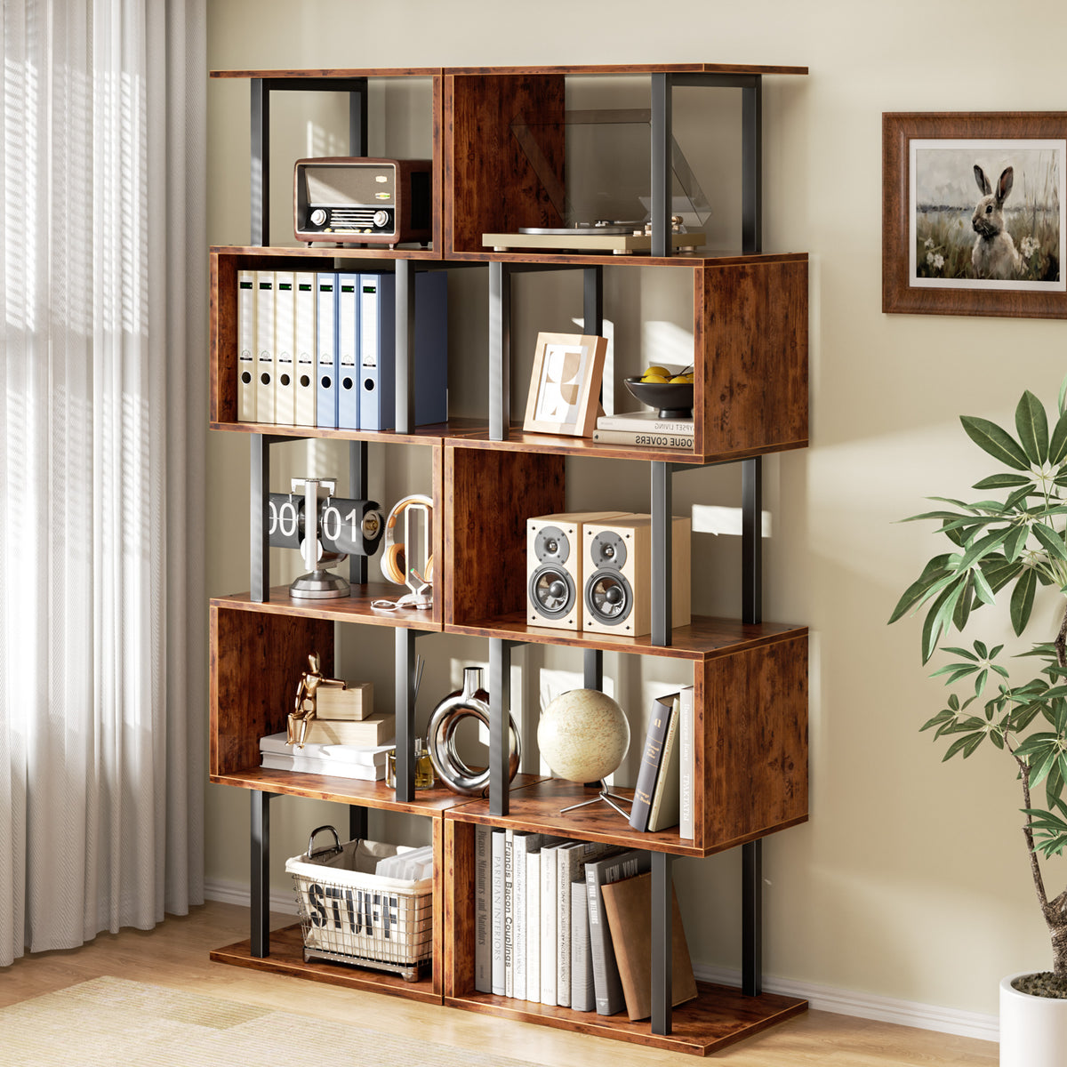 Furologee 6 Tier Bookshelf, S Shaped Geometric Bookcase, Rustic Brown 57.5'' Tall Industrial Display Shelf Standing Unit, Room Divider Shelf for Bedroom, Living room, Office