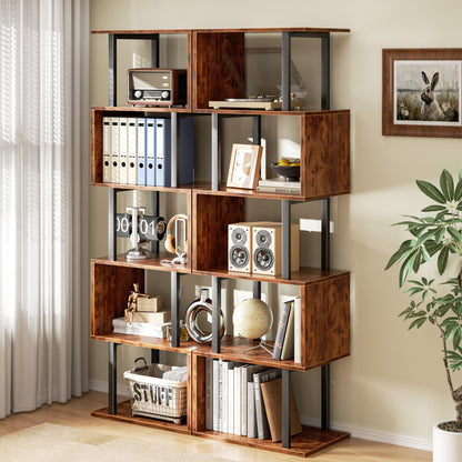 Furologee 6 Tier Bookshelf, S Shaped Geometric Bookcase, Rustic Brown 57.5'' Tall Industrial Display Shelf Standing Unit, Room Divider Shelf for Bedroom, Living room, Office