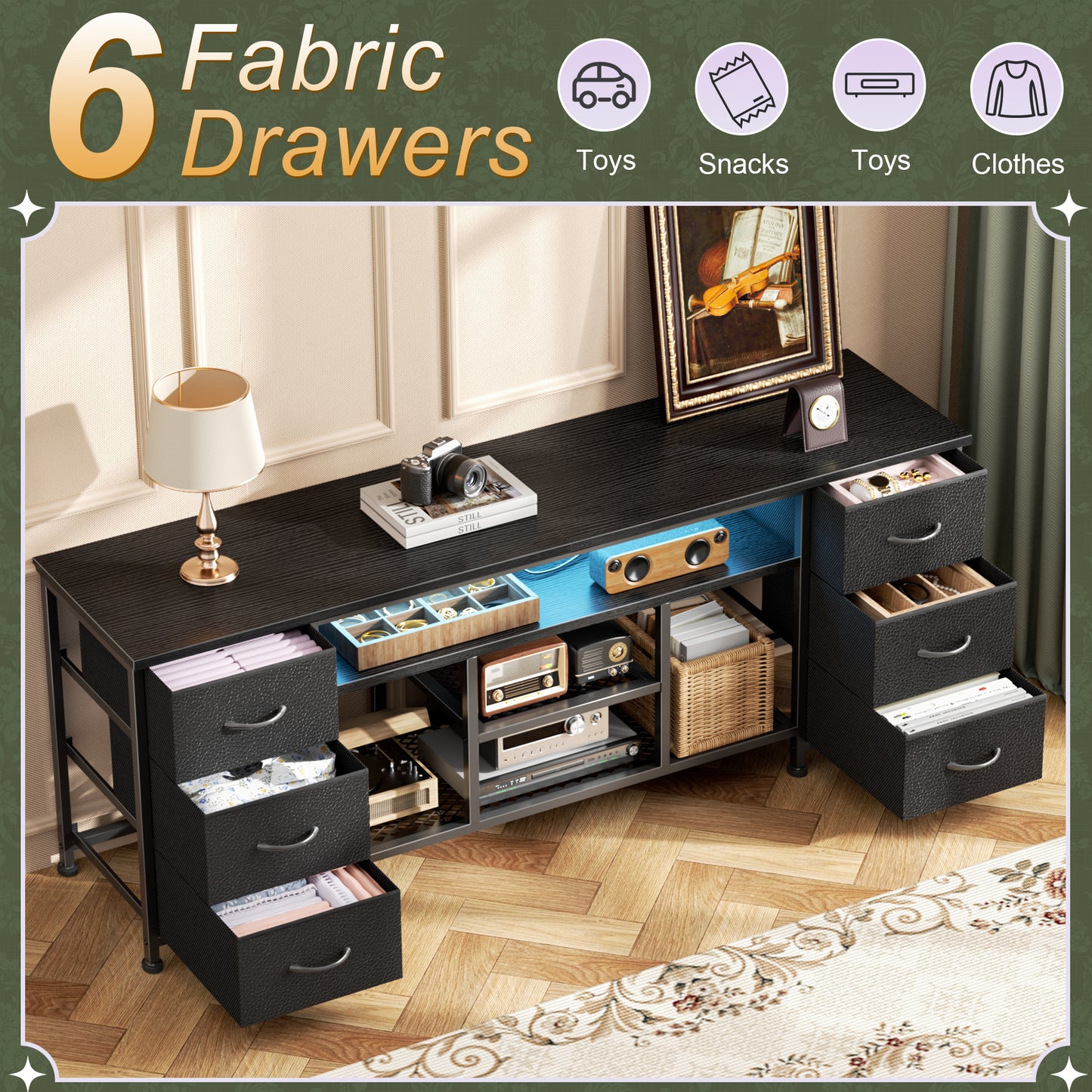 Furologee LED TV Stand for 65, 70 Inch TV, 63 Inch Entertainment Center with Power Outlets, 6 Fabric Drawers Dresser for Bedroom, Media Console with Open Shelves, PU Leather Surface, Black
