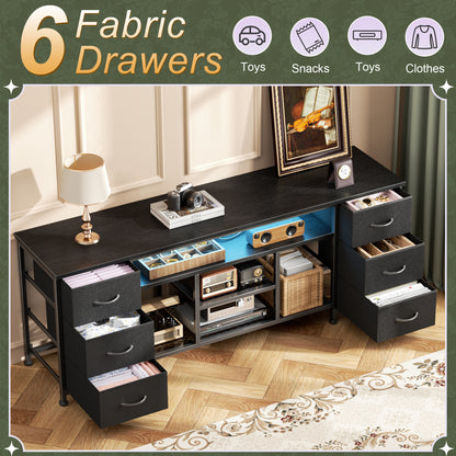 Furologee LED TV Stand for 65, 70 Inch TV, 63 Inch Entertainment Center with Power Outlets, 6 Fabric Drawers Dresser for Bedroom, Media Console with Open Shelves, PU Leather Surface, Black