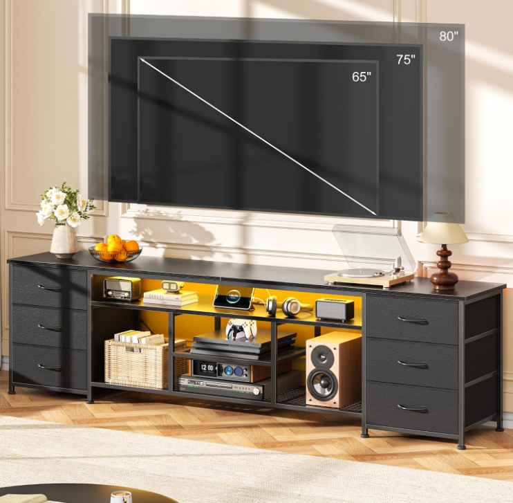 Furologee 71 Dresser TV Stand with LED Lights & Charging Station Black Chest of Drawers with 6 Fabric Drawers for 70 75 80 inch TVs Open Storage Shelves TV Stand for Bedroom Living Room