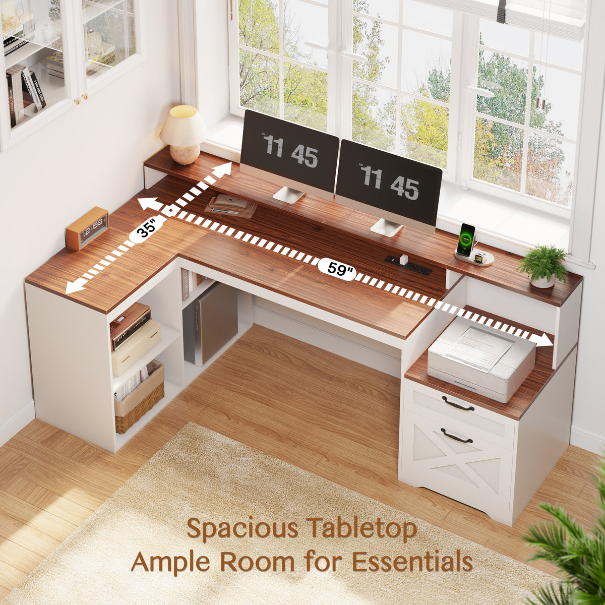 Furologee 59" Farmhouse L Shaped Desk with Printer Shelf, Storage Cabinet, Computer Desk with Power Outlets, Home Office Workstation with Wooden Drawers and Monitor Stand, Brown and White