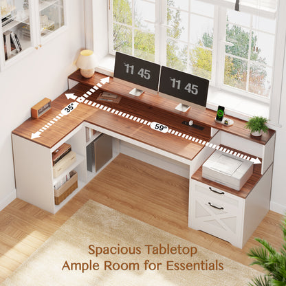 Furologee 59" Farmhouse L Shaped Desk with Printer Shelf, Storage Cabinet, Computer Desk with Power Outlets, Home Office Workstation with Wooden Drawers and Monitor Stand, Brown and White