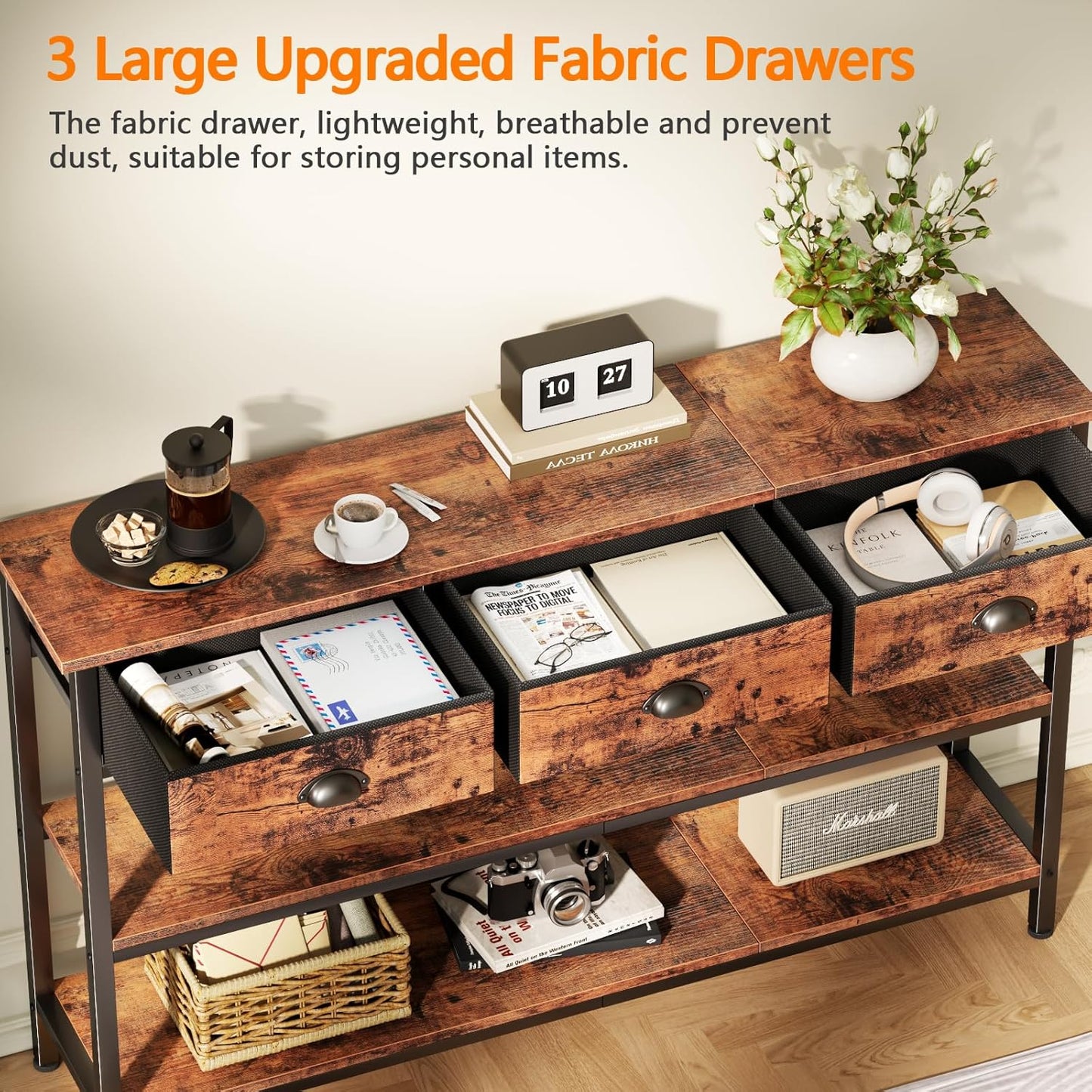 Furologee 47” Entryway Console Table with Drawers & Storage Shelves, Industrial Sofa Table for Hallway or Living Room