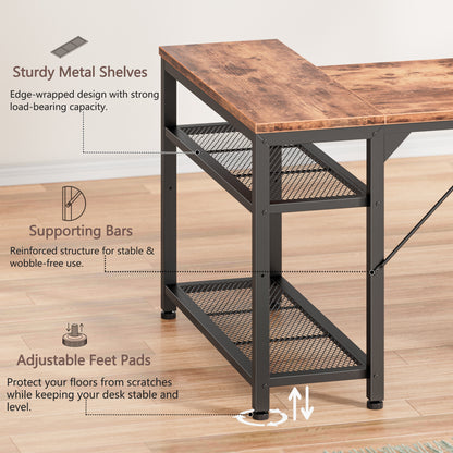 Furologee 57 Inch L Shaped Computer Desk with Power Outlets, Reversible Home Office Desk with Fabric Drawers, File Cabinet, Printer Table, Metal Storage Shelves, Corner Desk for Small Space, Rusitc Brown