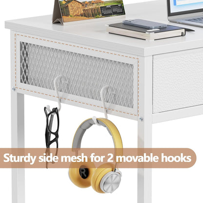 Furologee 34” White Computer Desk with Fabric Drawers & Hooks – Small Home Office or Vanity Table