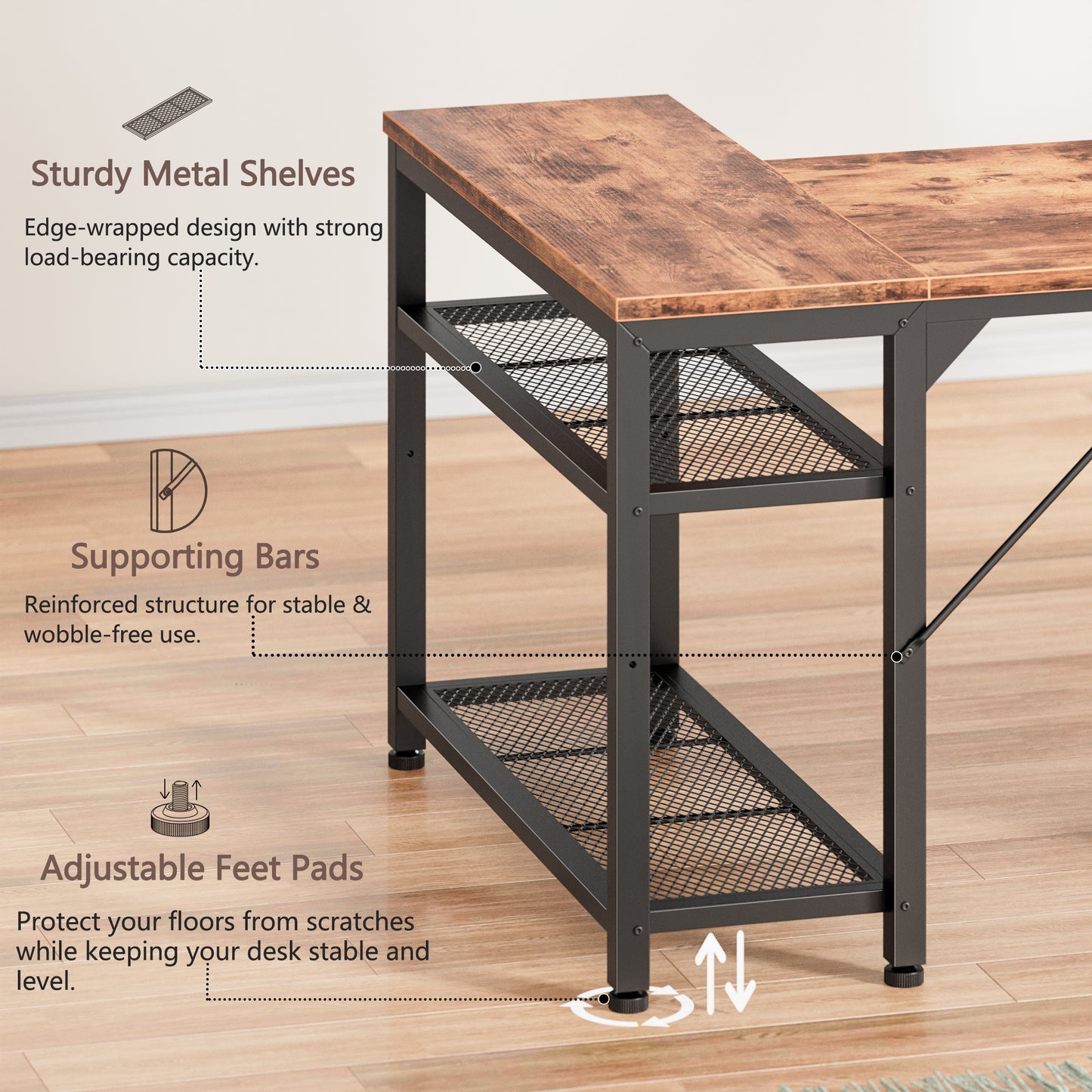 Furologee 49" L Shaped Computer Desk with Power Outlets, Reversible Home Office Desk with Fabric Drawers, File Cabinet, Printer Table, Metal Storage Shelves, Corner Desk for Small Space, Rusitc Brown