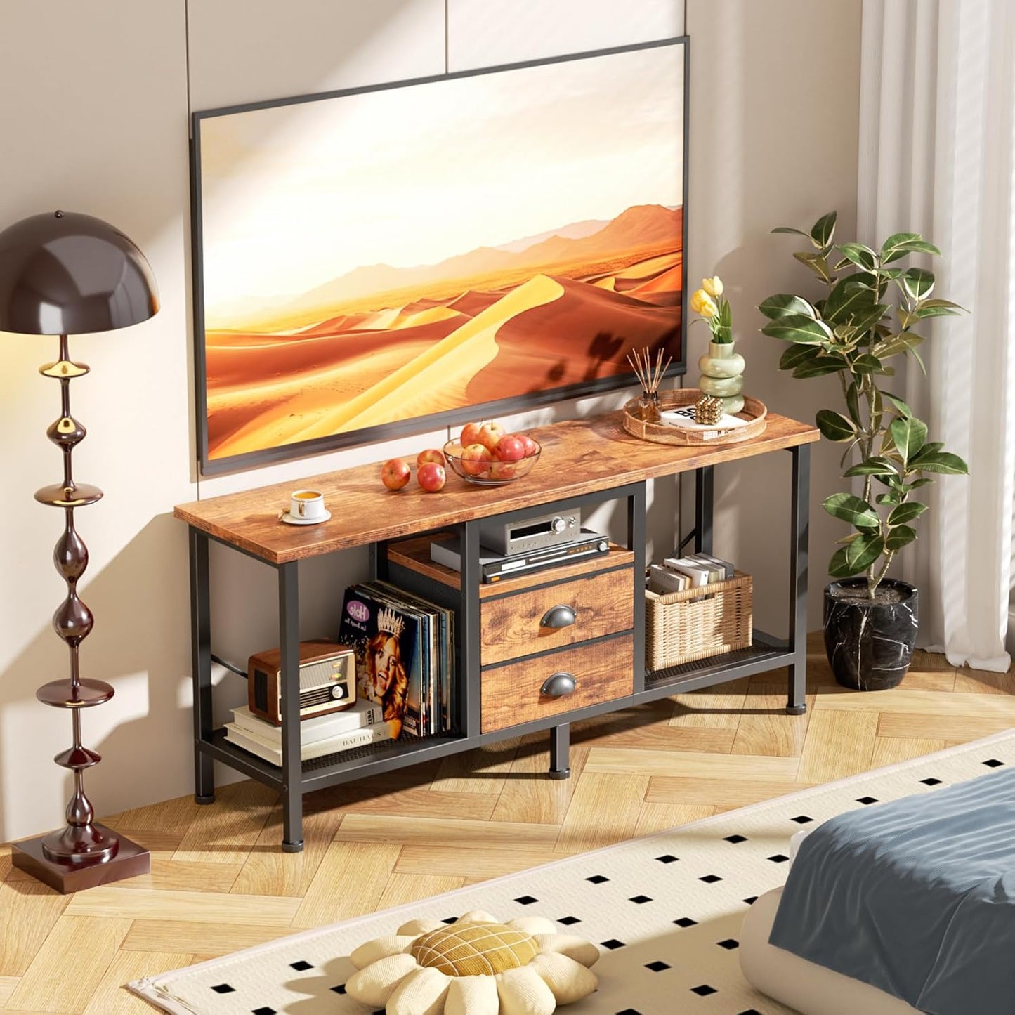 Furologee 42" TV Stand with 2 Fabric Drawers – Small Media Console with Open Storage Shelves for Bedroom & Living Room, Rustic Brown